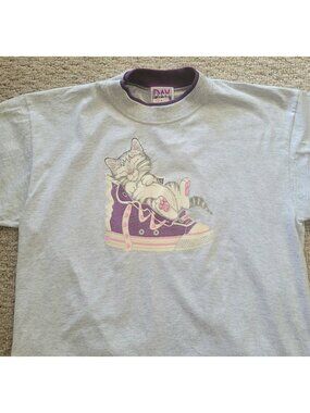 Vintage Cat Ringer T Shirt Women’s Size Large 90s Y2K Kitten Single Stitch NOS